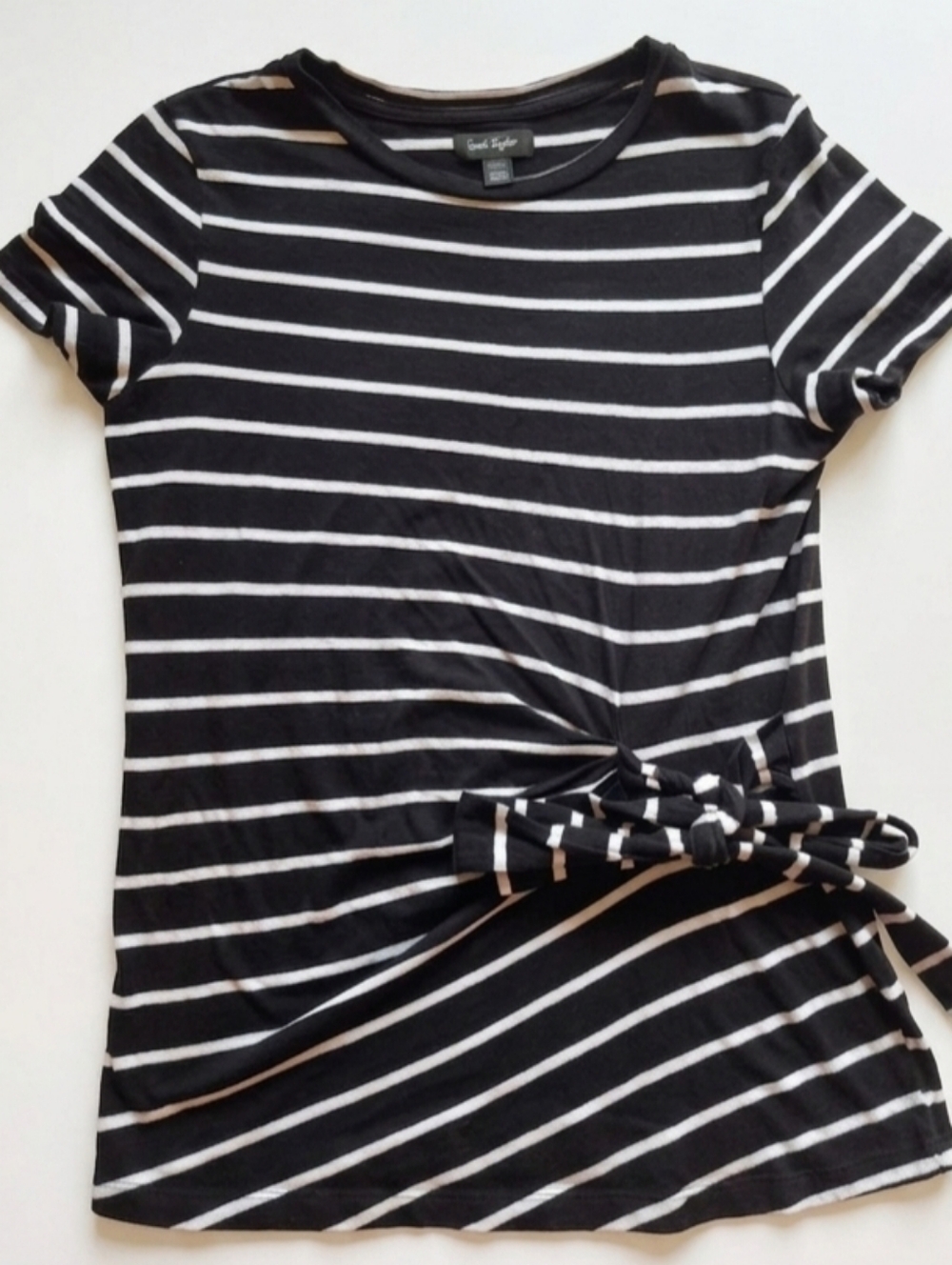 Lord & Taylor Black and White Striped Tie-Waist Short Sleeve Tee